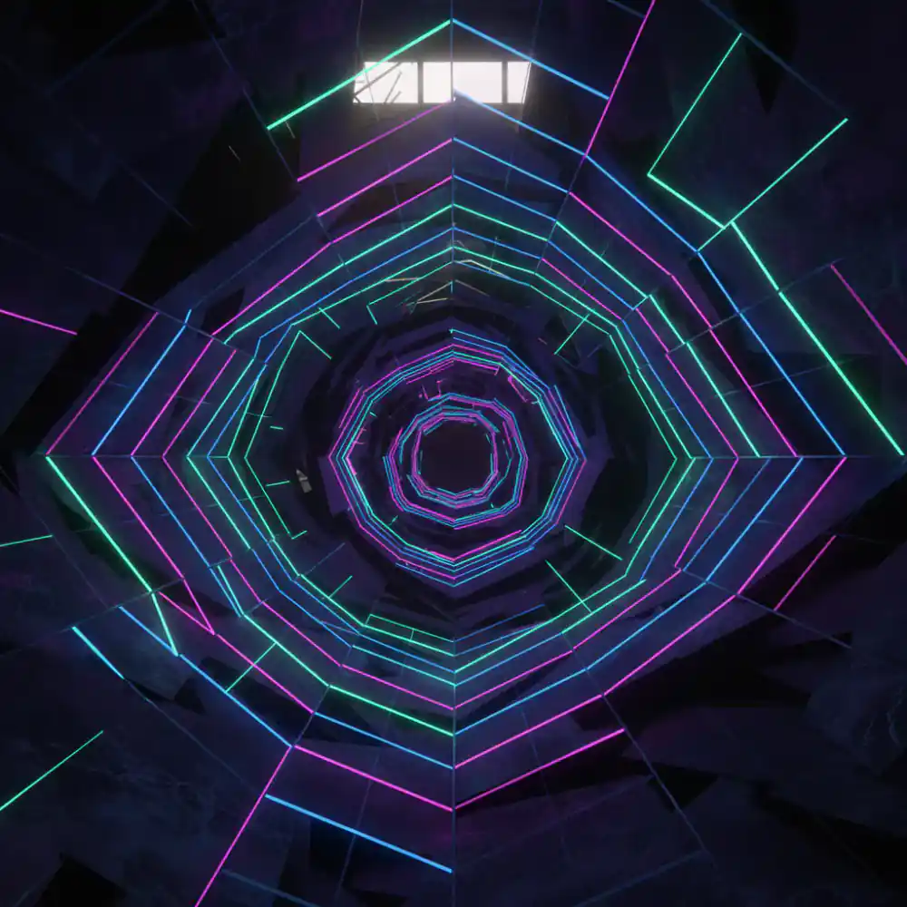 Neon arcade visuals reminiscent of Galaga