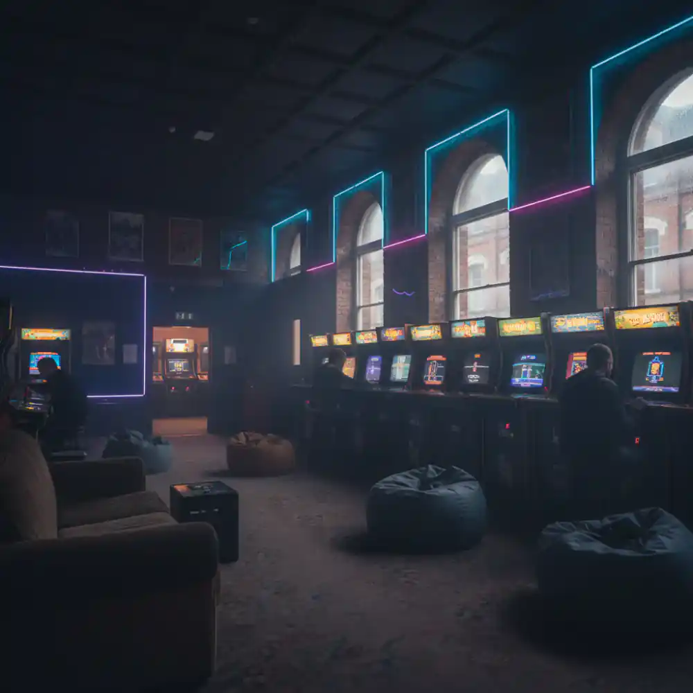 Interior of a dark retro arcade room in Manchester
